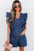 Exclusive Denim Ruffled Zip Front Belted Romper
