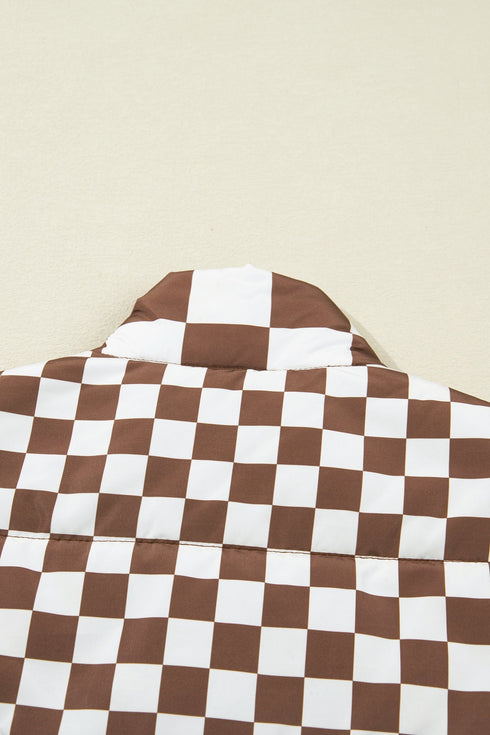Exclusive Double Checked Stand Collar Cropped Puffer Vest
