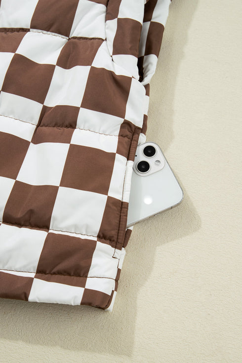 Exclusive Double Checked Stand Collar Cropped Puffer Vest