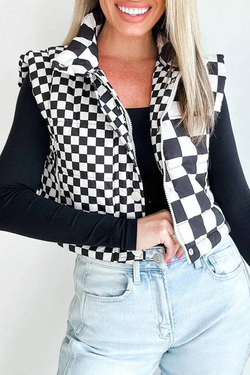 Exclusive Double Checked Stand Collar Cropped Puffer Vest