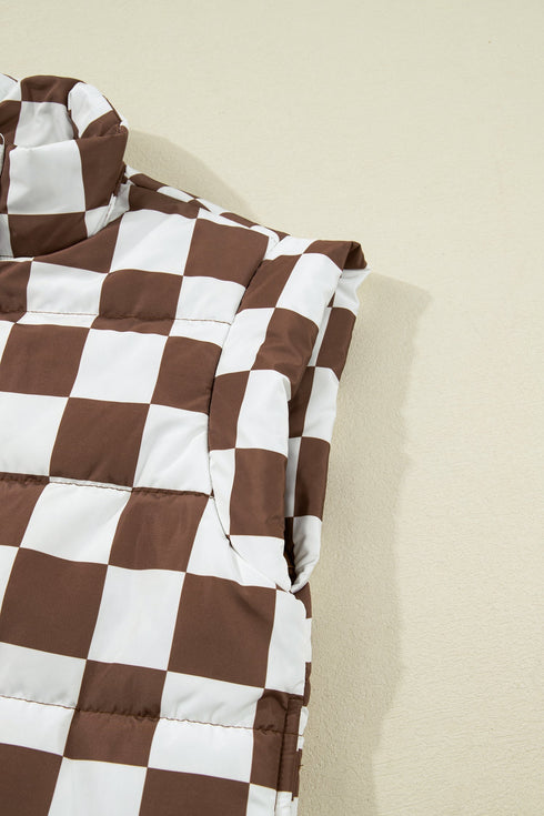 Exclusive Double Checked Stand Collar Cropped Puffer Vest