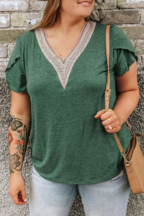 Exclusive Embroidered Lace Draped Sleeve V Neck Blouse