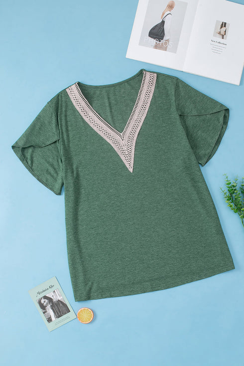 Exclusive Embroidered Lace Draped Sleeve V Neck Blouse