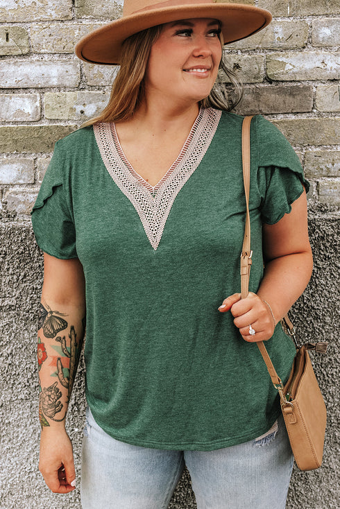 Exclusive Embroidered Lace Draped Sleeve V Neck Blouse