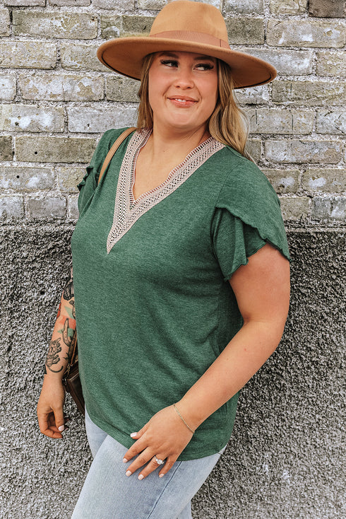 Exclusive Embroidered Lace Draped Sleeve V Neck Blouse