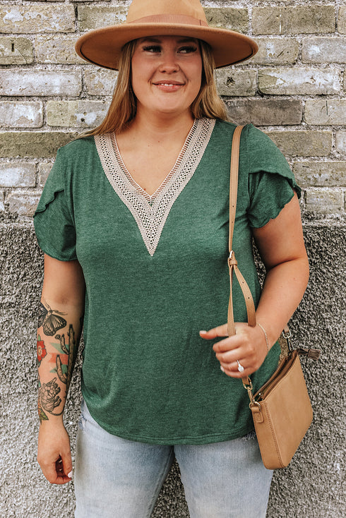 Exclusive Embroidered Lace Draped Sleeve V Neck Blouse