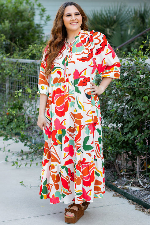 Exclusive Floral Print Drawstring Tiered V Neck Maxi Dress