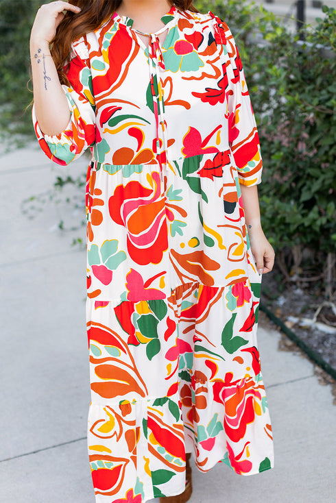 Exclusive Floral Print Drawstring Tiered V Neck Maxi Dress