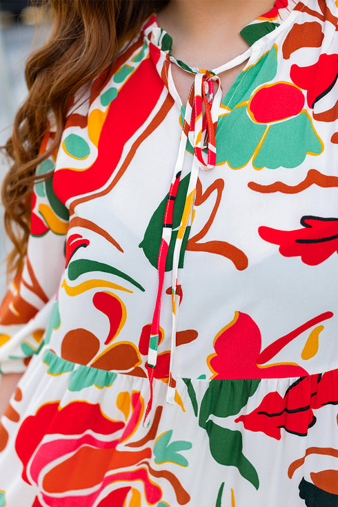 Exclusive Floral Print Drawstring Tiered V Neck Maxi Dress