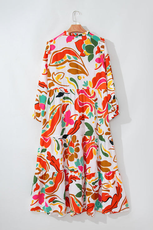 Exclusive Floral Print Drawstring Tiered V Neck Maxi Dress