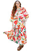 Exclusive Floral Print Drawstring Tiered V Neck Maxi Dress