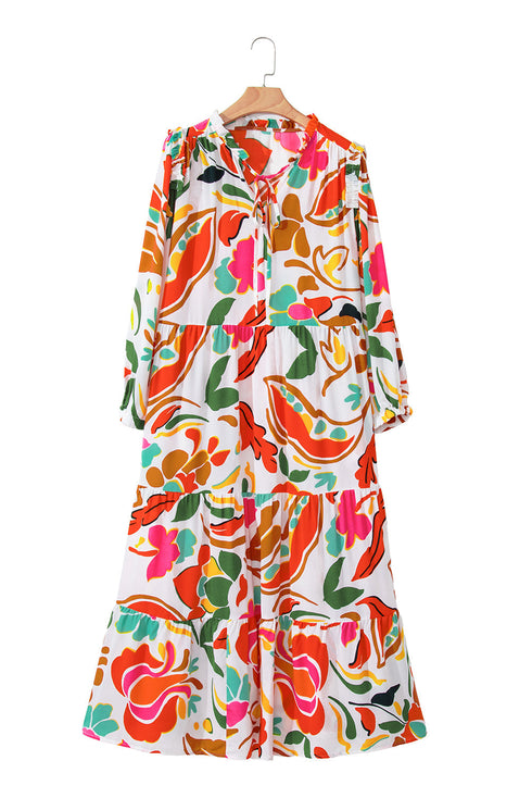 Exclusive Floral Print Drawstring Tiered V Neck Maxi Dress