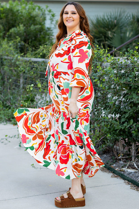 Exclusive Floral Print Drawstring Tiered V Neck Maxi Dress