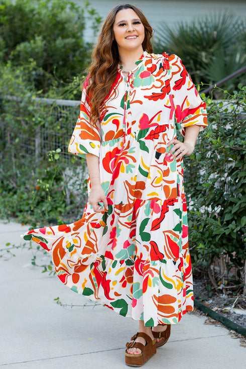 Exclusive Floral Print Drawstring Tiered V Neck Maxi Dress