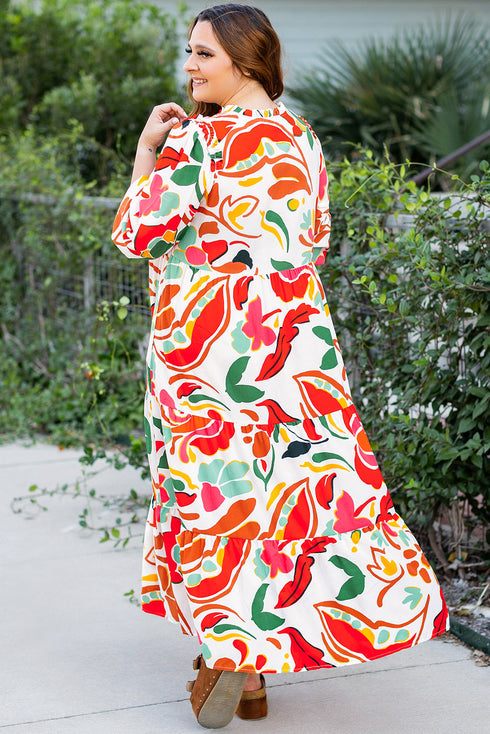 Exclusive Floral Print Drawstring Tiered V Neck Maxi Dress
