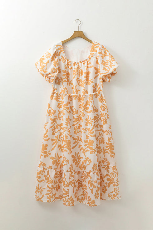 Exclusive Floral Print Puff Sleeve Plus Size Maxi Dress