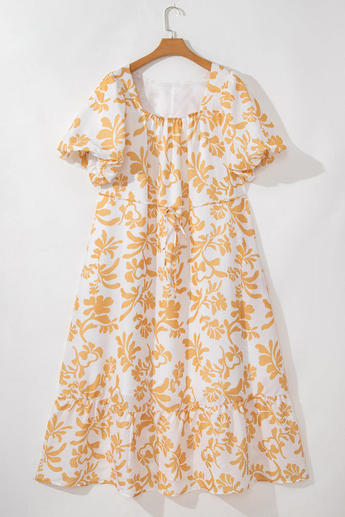 Exclusive Floral Print Puff Sleeve Plus Size Maxi Dress