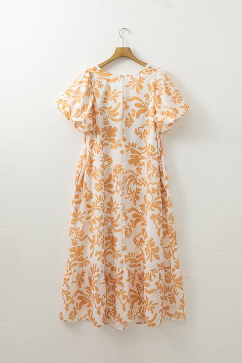 Exclusive Floral Print Puff Sleeve Plus Size Maxi Dress