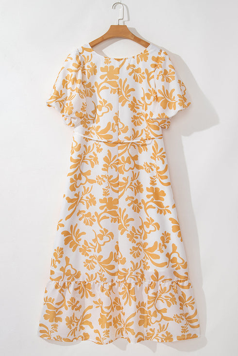Exclusive Floral Print Puff Sleeve Plus Size Maxi Dress