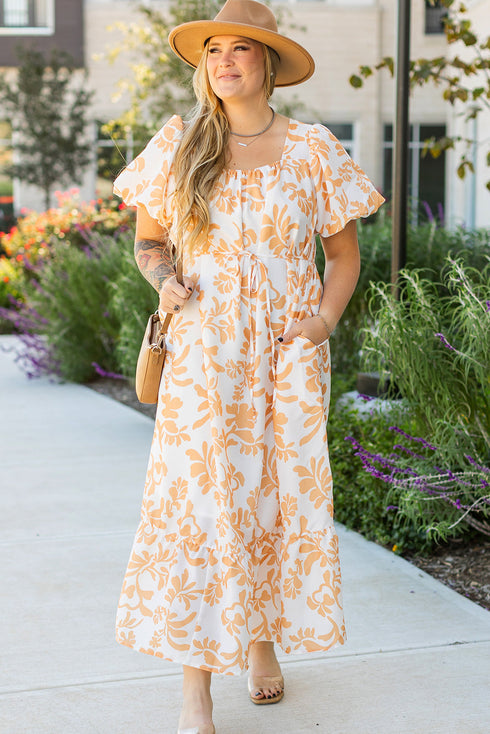 Exclusive Floral Print Puff Sleeve Plus Size Maxi Dress
