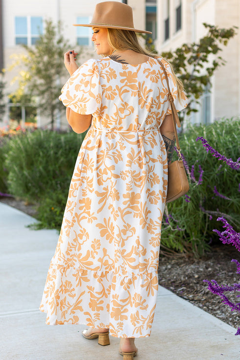Exclusive Floral Print Puff Sleeve Plus Size Maxi Dress