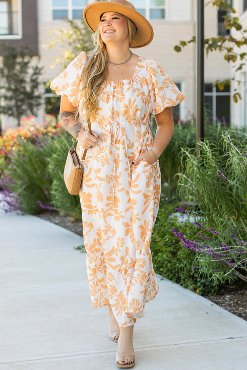 Exclusive Floral Print Puff Sleeve Plus Size Maxi Dress