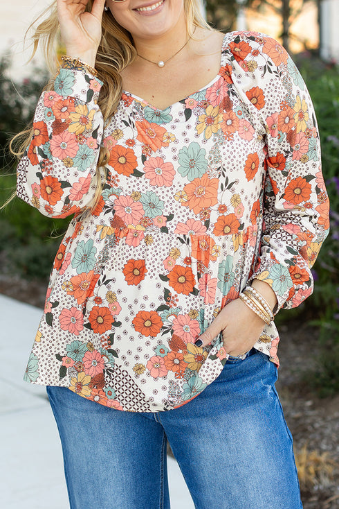 Exclusive Floral Print Square Neck Peplum Blouse