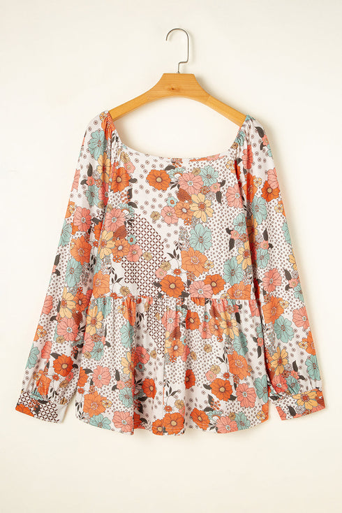 Exclusive Floral Print Square Neck Peplum Blouse