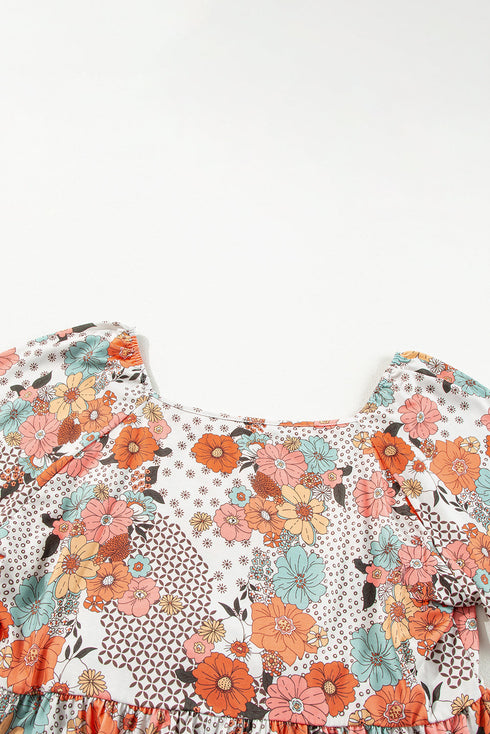 Exclusive Floral Print Square Neck Peplum Blouse