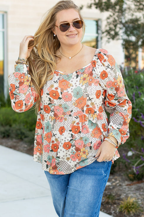 Exclusive Floral Print Square Neck Peplum Blouse