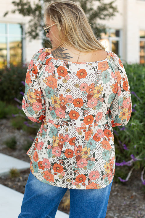 Exclusive Floral Print Square Neck Peplum Blouse