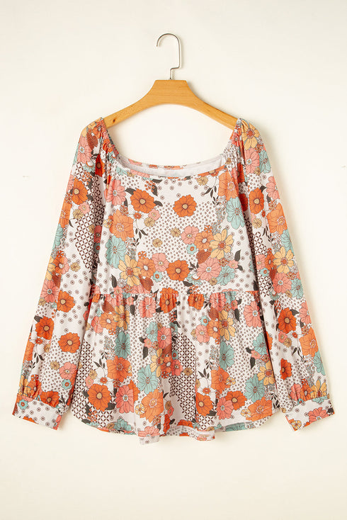 Exclusive Floral Print Square Neck Peplum Blouse