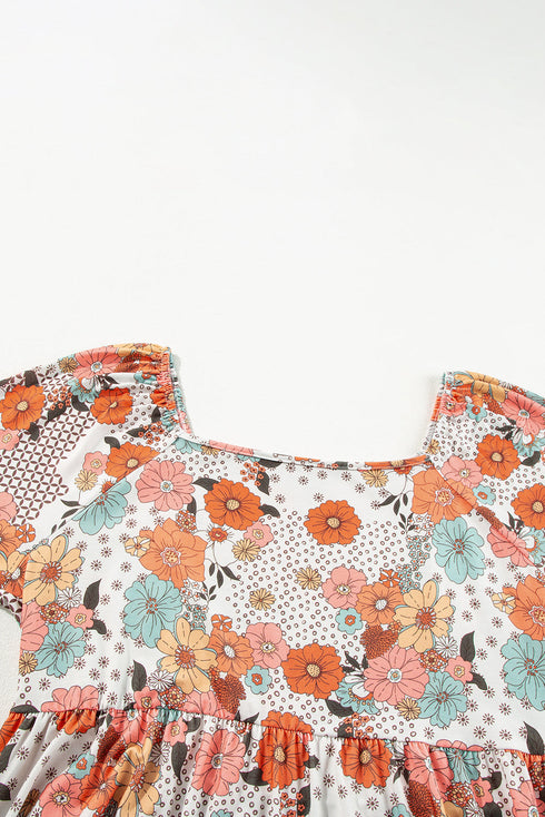 Exclusive Floral Print Square Neck Peplum Blouse