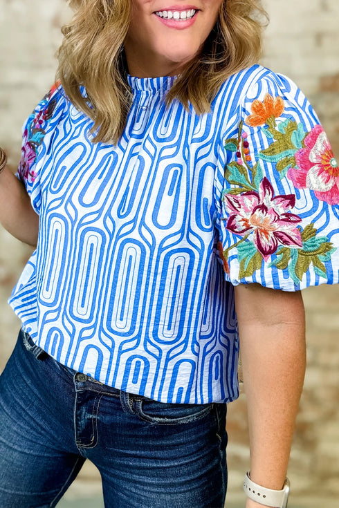 Exclusive Geometric Floral Print Embroidered Puff Sleeve Blouse