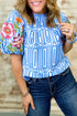 Exclusive Geometric Floral Print Embroidered Puff Sleeve Blouse