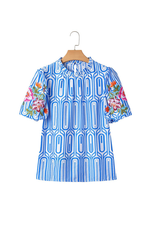 Exclusive Geometric Floral Print Embroidered Puff Sleeve Blouse