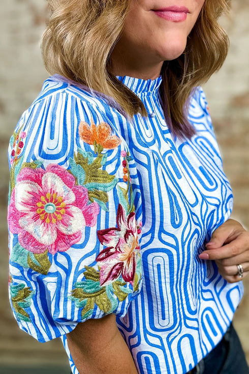 Exclusive Geometric Floral Print Embroidered Puff Sleeve Blouse