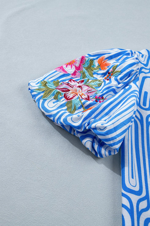 Exclusive Geometric Floral Print Embroidered Puff Sleeve Blouse