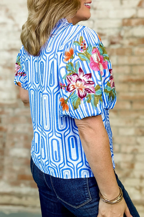 Exclusive Geometric Floral Print Embroidered Puff Sleeve Blouse