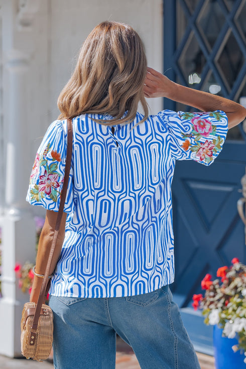 Exclusive Geometric Floral Print Embroidered Puff Sleeve Blouse