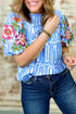Exclusive Geometric Floral Print Embroidered Puff Sleeve Blouse