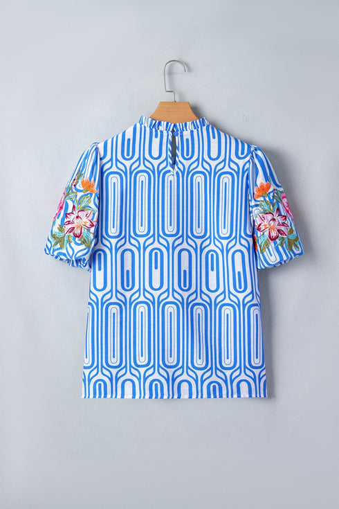 Exclusive Geometric Floral Print Embroidered Puff Sleeve Blouse