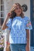 Exclusive Geometric Floral Print Embroidered Puff Sleeve Blouse