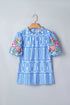 Exclusive Geometric Floral Print Embroidered Puff Sleeve Blouse