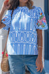 Exclusive Geometric Floral Print Embroidered Puff Sleeve Blouse