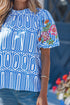 Exclusive Geometric Floral Print Embroidered Puff Sleeve Blouse