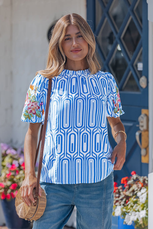 Exclusive Geometric Floral Print Embroidered Puff Sleeve Blouse