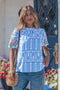 Exclusive Geometric Floral Print Embroidered Puff Sleeve Blouse