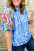 Exclusive Geometric Floral Print Embroidered Puff Sleeve Blouse