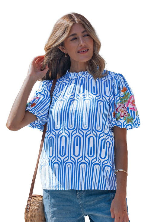 Exclusive Geometric Floral Print Embroidered Puff Sleeve Blouse